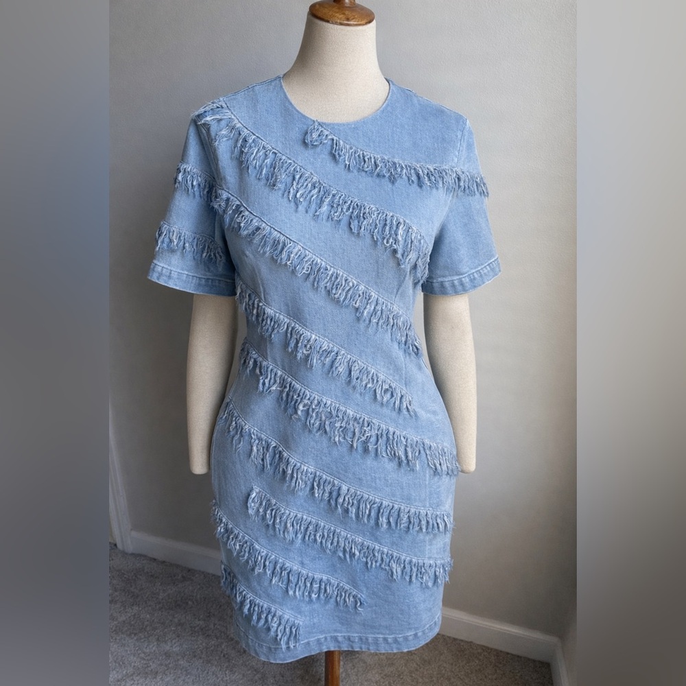 Lafayette 148 New York Light Blue Denim Fringe Mini Dress